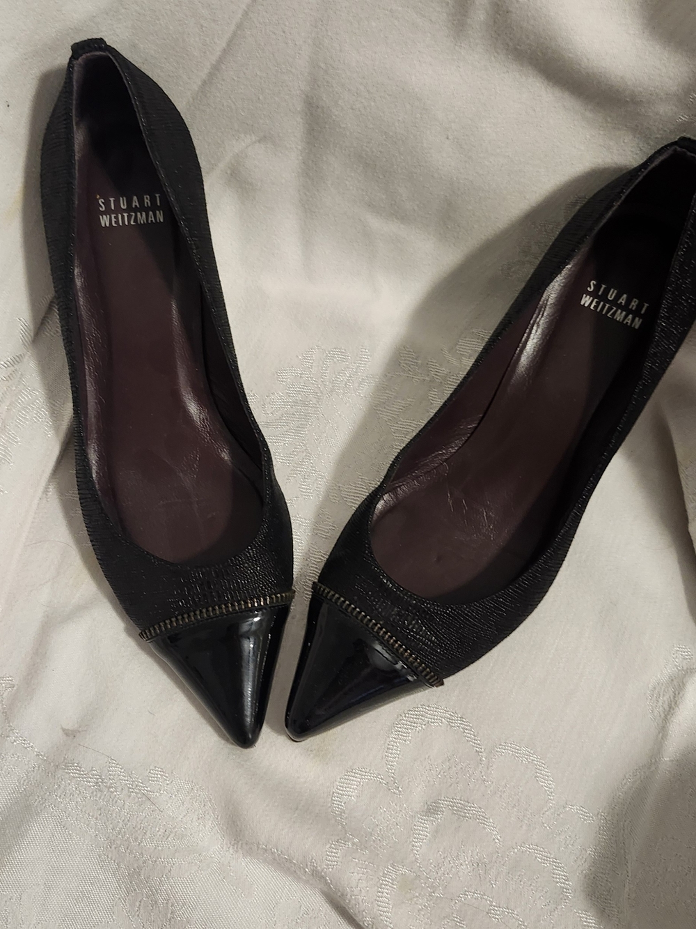 Stuart Weitzman Black Pointed-Toe Patent Cap Heels